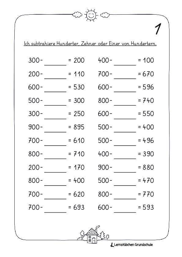 Kopfrechnen im ZR 1.000 mit H-Zahlen und E-, Z- und H-Zahlen - Minus